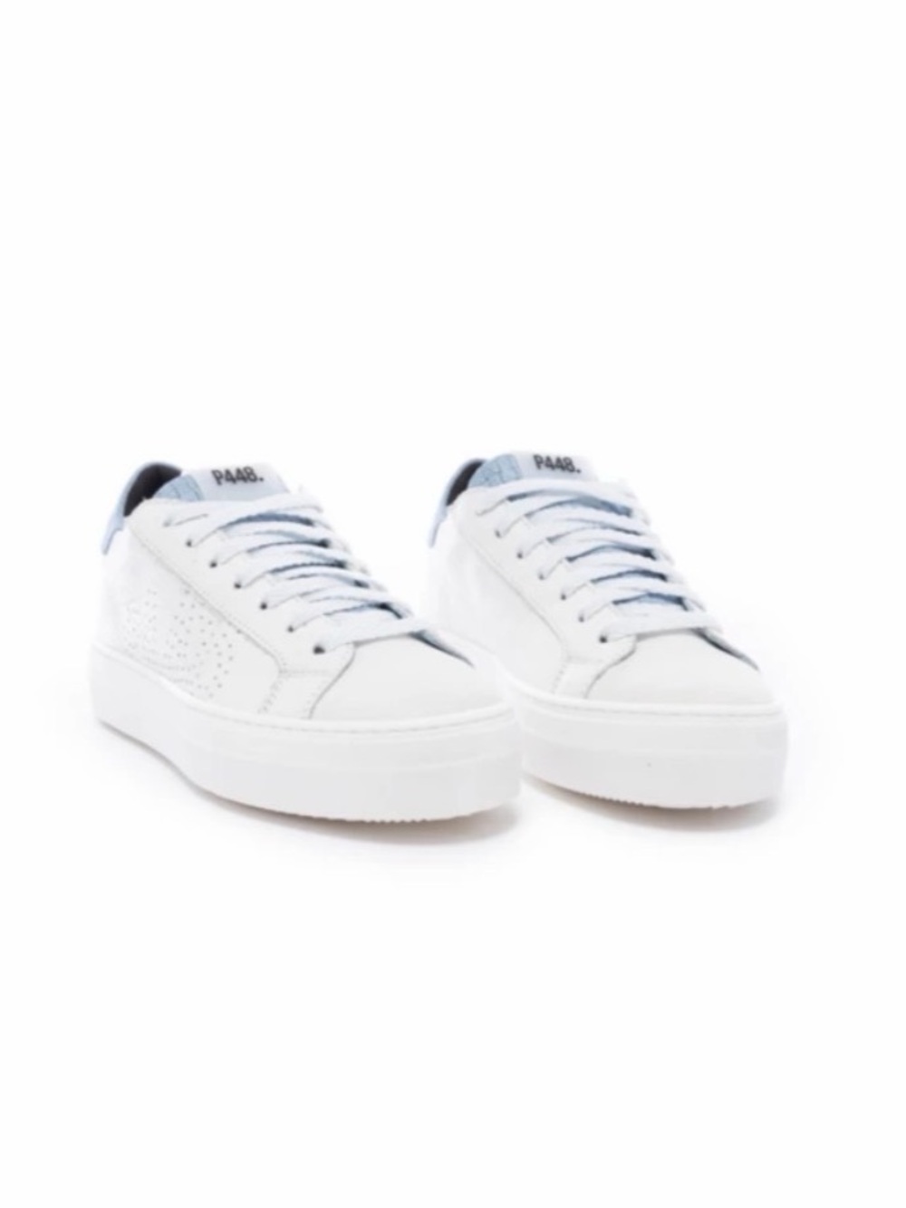 P448 White Leather Platform Sneakers with Light Blue Accents
